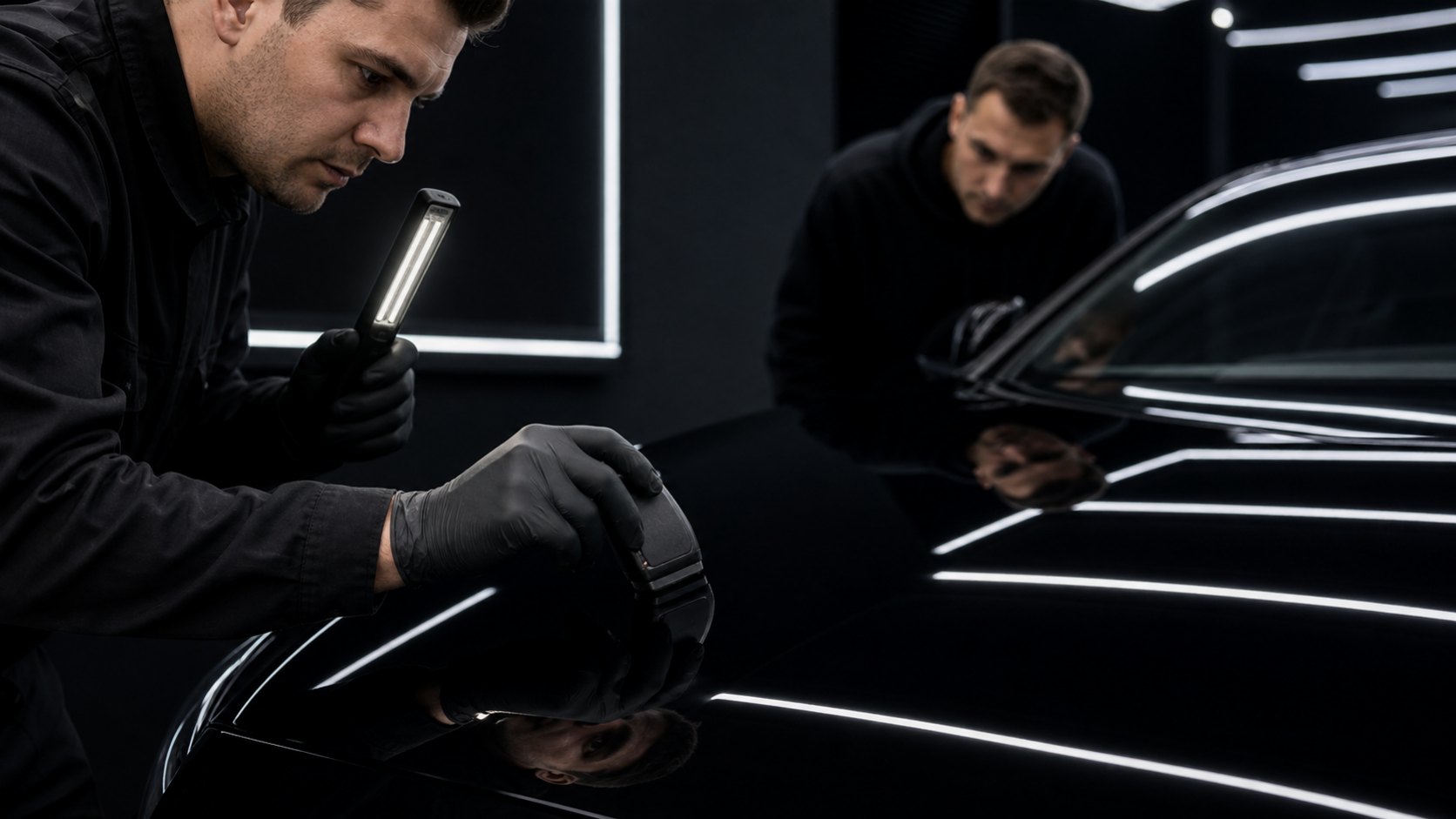 Gold Car Team kontrolliert die Keramikversiegelung eines schwarzen Fahrzeugs unter LED-Licht
