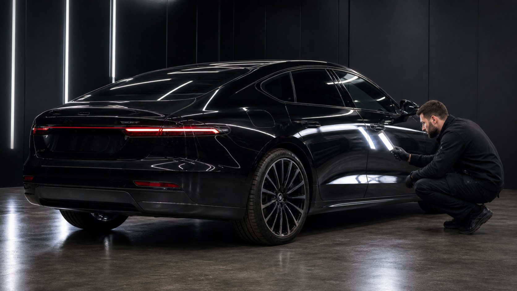 Gold Car Aufbereiter bei der Felgenpflege einer schwarzen Premium-Limousine im Lackstudio
