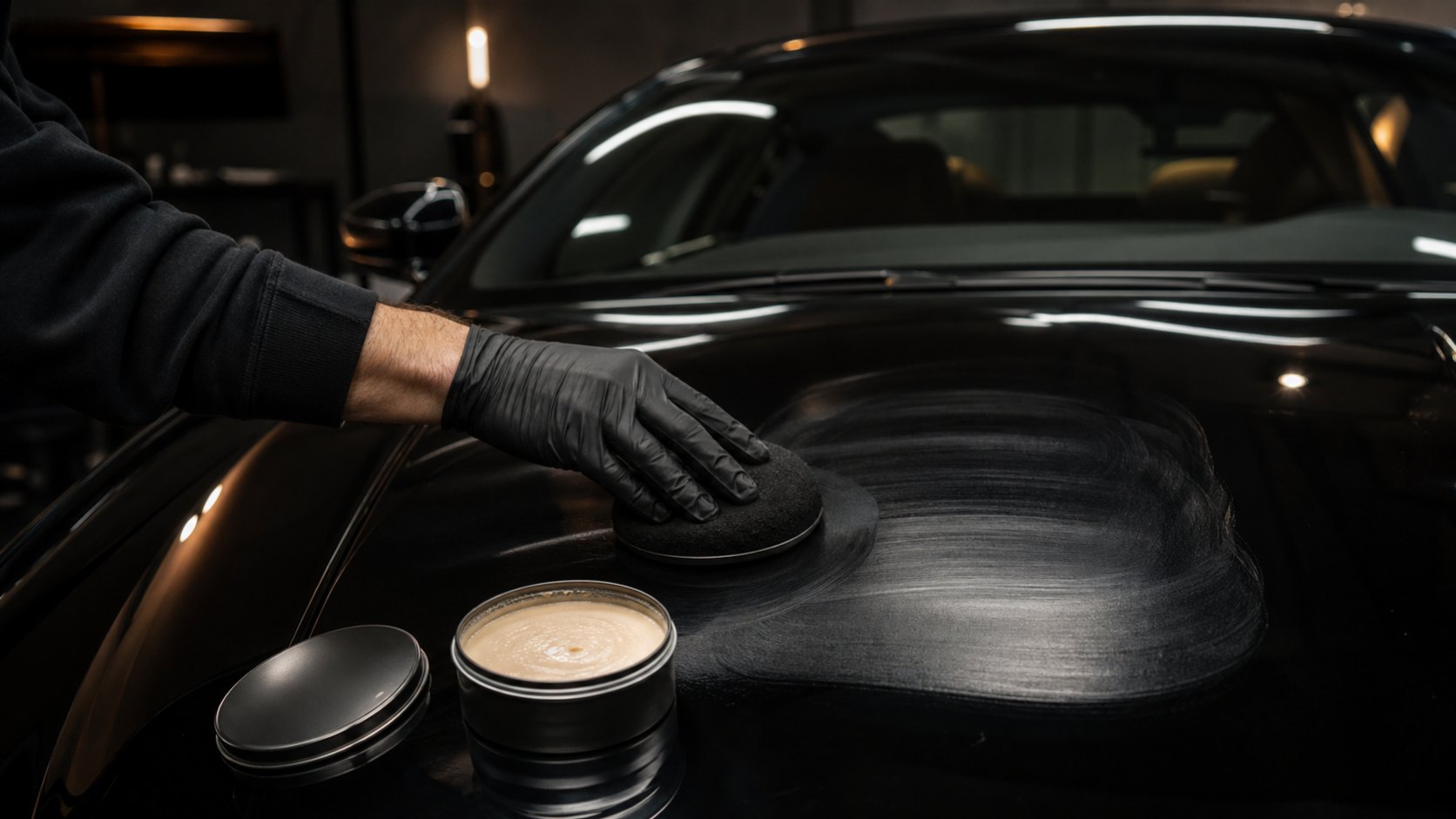 Gold Car trägt Premium-Lackwachs von Hand auf einen dunklen Fahrzeuglack auf
